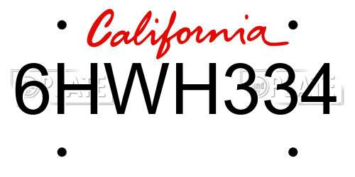 6HWH334 California License Plate