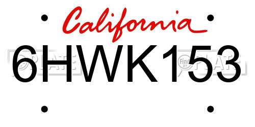 6HWK153 California License Plate