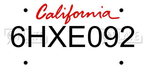 6HXE092 California License Plate