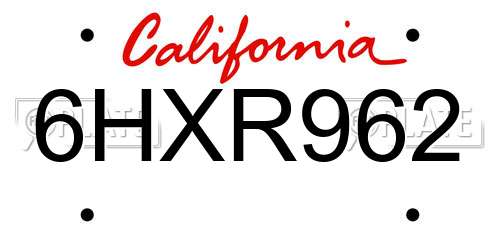 6HXR962 California License Plate