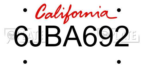 6JBA692 California License Plate
