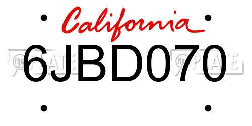 6JBD070 California License Plate