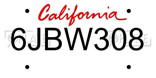 6JBW308 California License Plate