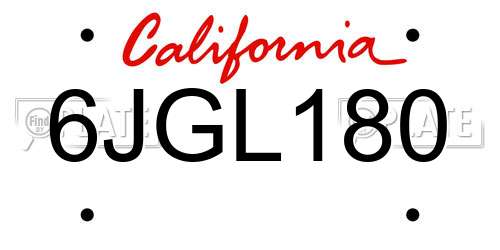 6JGL180 California License Plate