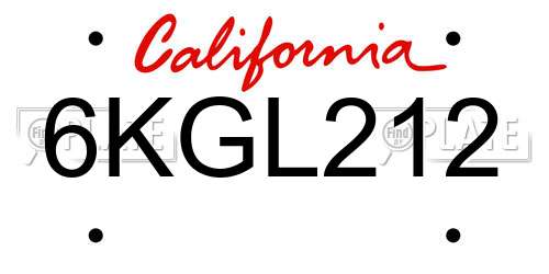 6KGL212 California License Plate