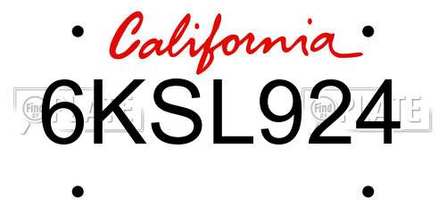 6KSL924 California License Plate