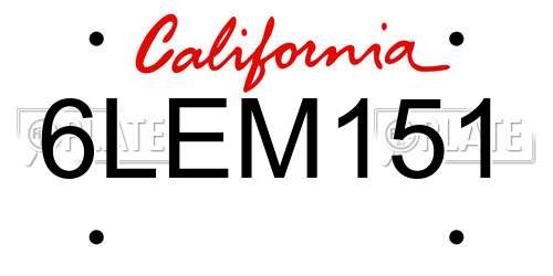 6LEM151 California License Plate