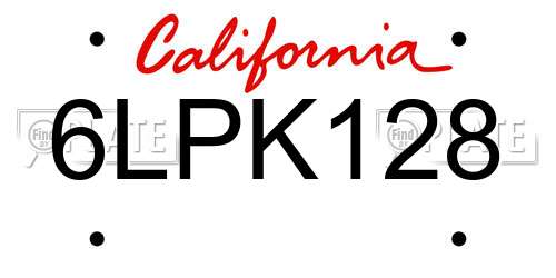 6LPK128 California License Plate