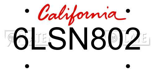 6LSN802 California License Plate