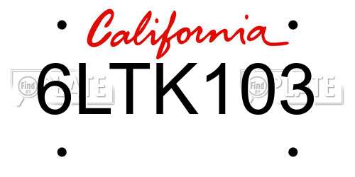 6LTK103 California License Plate
