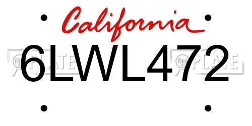 6LWL472 California License Plate
