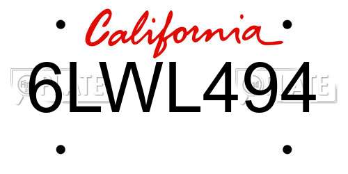 6LWL494 California License Plate