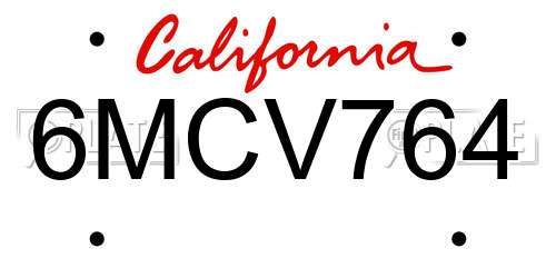 6MCV764 California License Plate