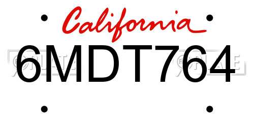 6MDT764 California License Plate