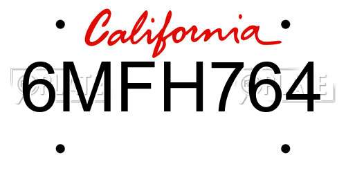 6MFH764 California License Plate