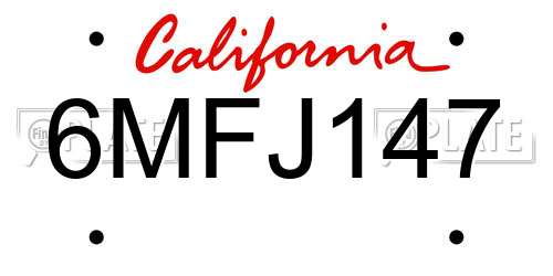 6MFJ147 California License Plate