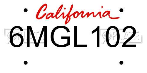 6MGL102 California License Plate