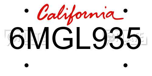 6MGL935 California License Plate