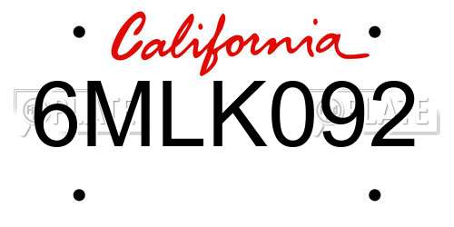6MLK092 California License Plate