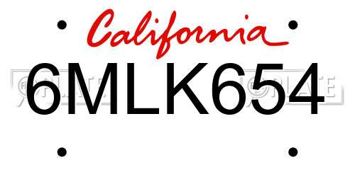 6MLK654 California License Plate