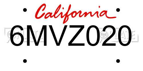 6MVZ020 California License Plate