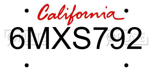 6MXS792 California License Plate