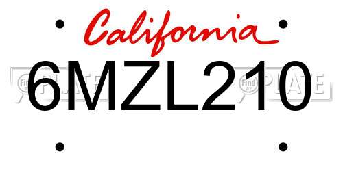 6MZL210 California License Plate
