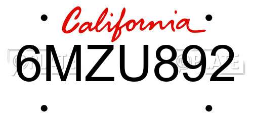 6MZU892 California License Plate