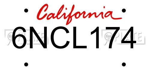 6NCL174 California License Plate