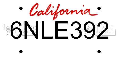 6NLE392 California License Plate