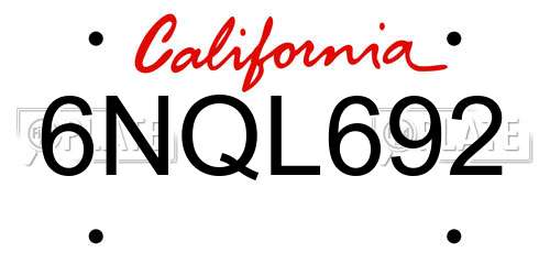 6NQL692 California License Plate