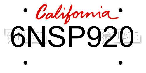 6NSP920 California License Plate