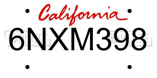 6NXM398 California License Plate