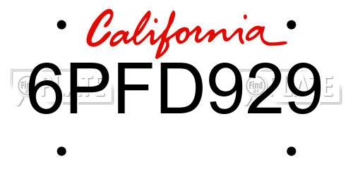 6PFD929 California License Plate