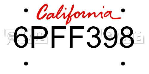 6PFF398 California License Plate
