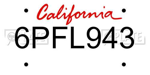 6PFL943 California License Plate