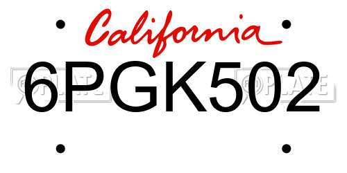 6PGK502 California License Plate