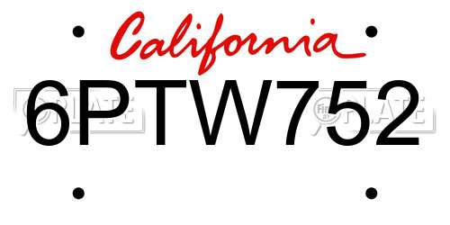 6PTW752 California License Plate