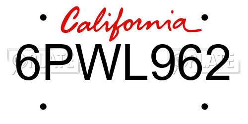 6PWL962 California License Plate