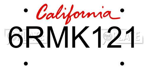 6RMK121 California License Plate