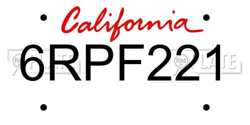 6RPF221 California License Plate