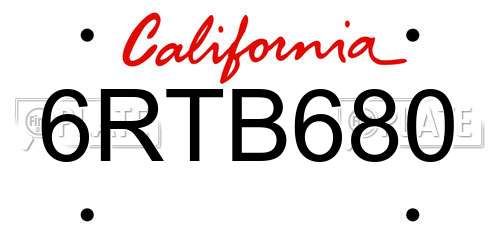 6RTB680 California License Plate