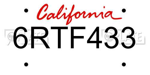 6RTF433 California License Plate