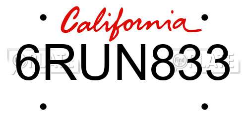 6RUN833 California License Plate