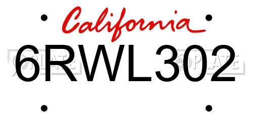 6RWL302 California License Plate