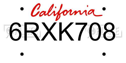 6RXK708 California License Plate