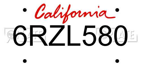 6RZL580 California License Plate