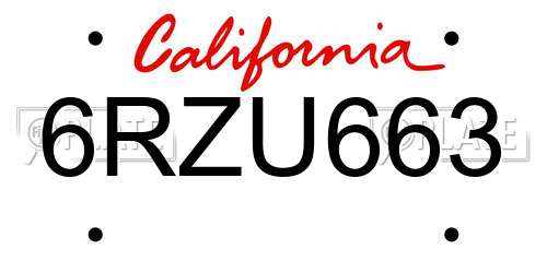 6RZU663 California License Plate