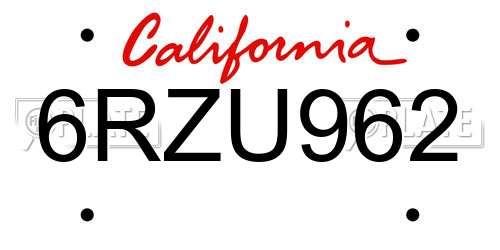 6RZU962 California License Plate