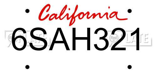 6SAH321 California License Plate